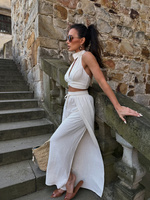Maja Summer Trousers – wide-leg linen and viscose trousers with side slits, light beige