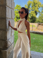 Maja Summer Trousers – wide-leg linen and viscose trousers with side slits, light beige