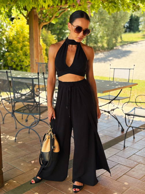 Maja Summer Trousers – linen and viscose trousers with wide legs and side slits, black