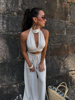Maja Summer Trousers – wide-leg linen and viscose trousers with side slits, light beige