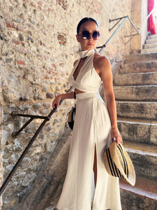 Maja Skirt – maxi skirt with slit in linen and viscose, light beige