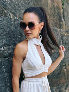 Top Maja - top typu halter wiązany na szyi i plecach z lnu i wiskozy kolor jasny beż
